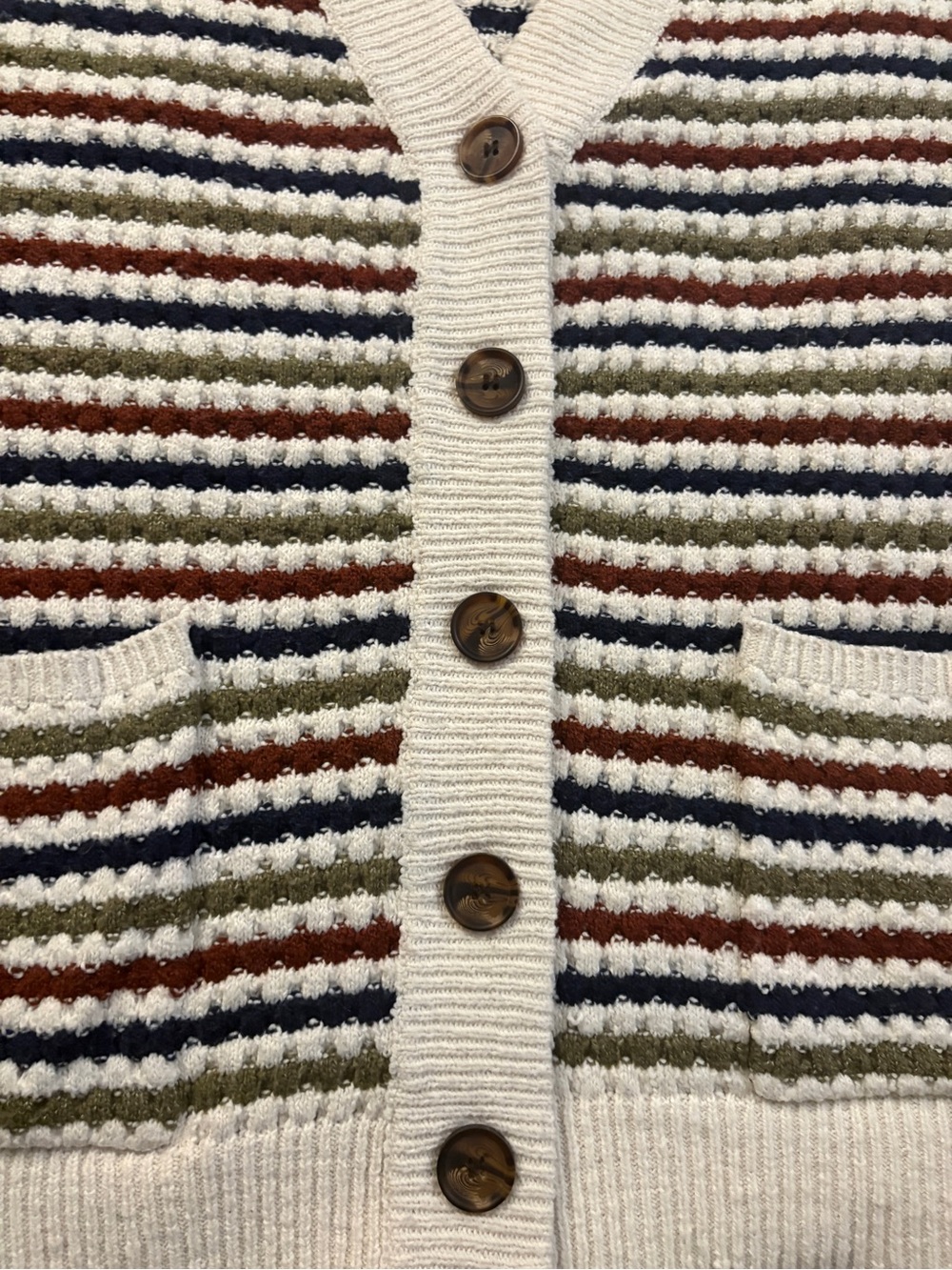 Pink Clover Cream Striped Button-Front Cardigan with Navy, Olive & Rust - Picture 8 of 10